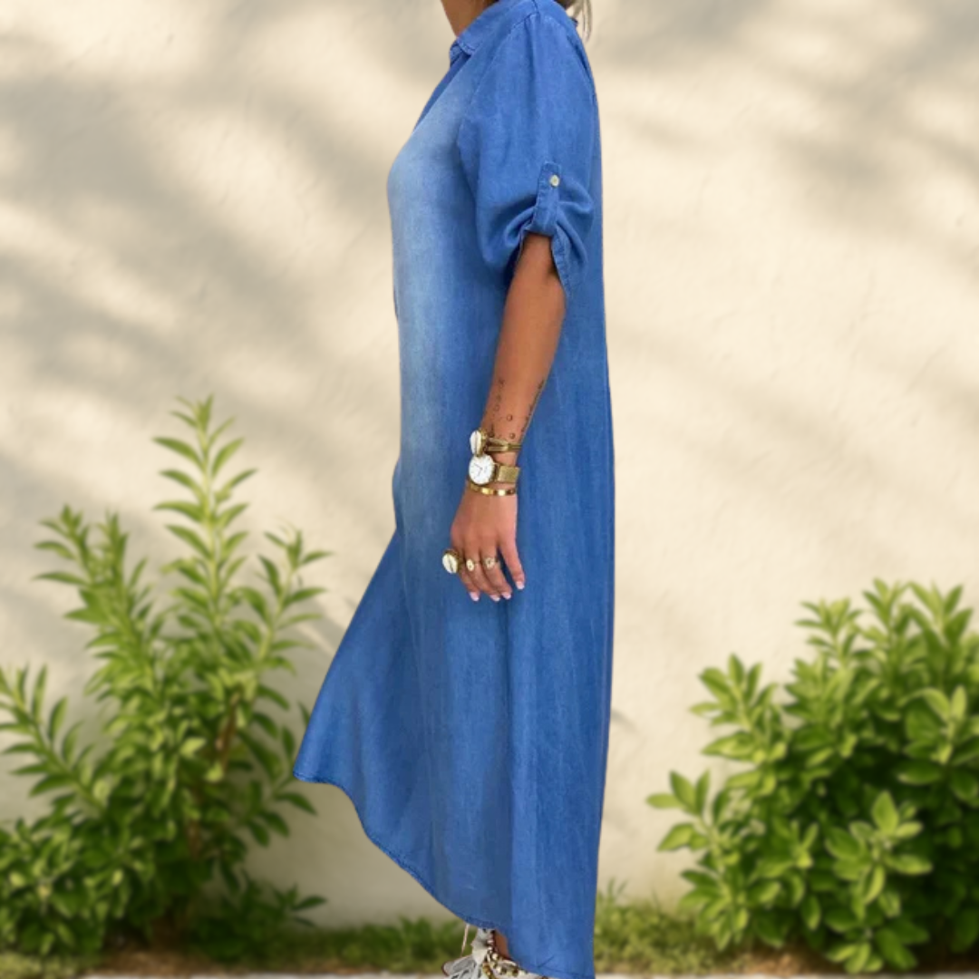 Joelle - Long Denim-Style Dress with Side Slit